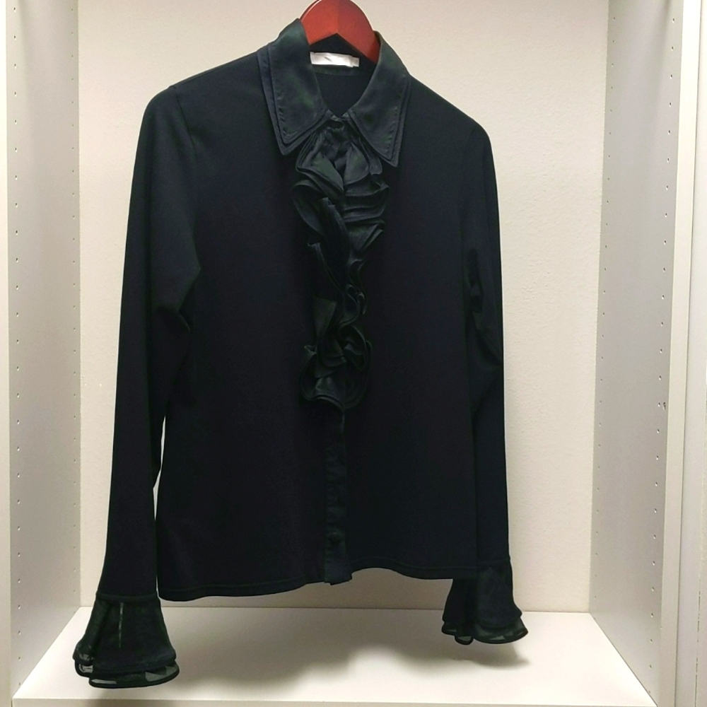 Anne Fortaine Black Shirt Long Sleeves Ruffle Accent